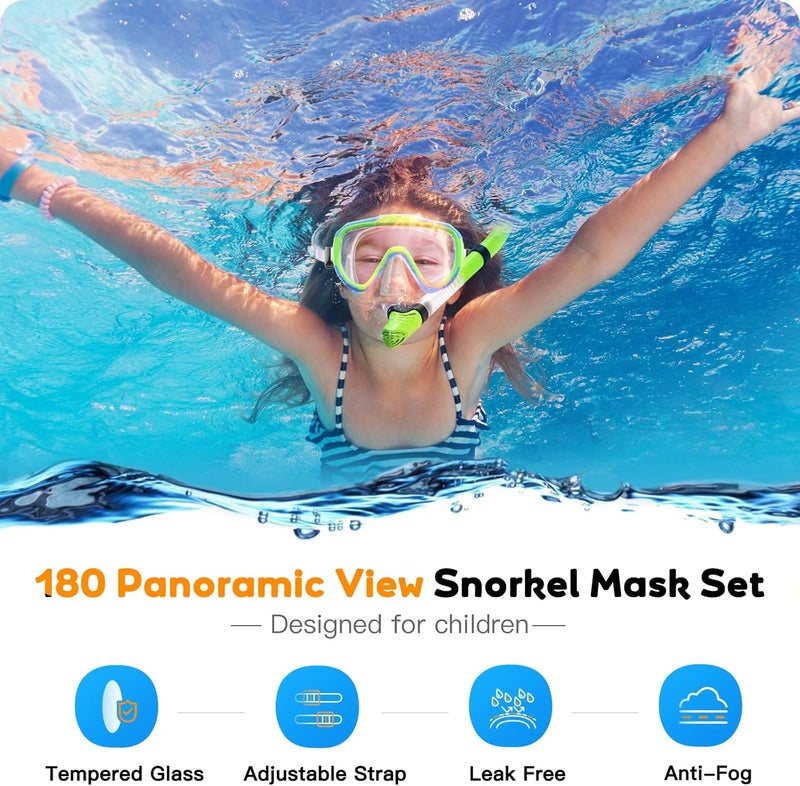 Seovediary Kids Snorkel Set, Anti-Fog Panoramic Tempered Glass Kids Snorkel mask, Anti-Leak Scuba Diving Mask with Mesh Bag, Dry Top Snorkeling Gear for Kids and Youth Age 4-16 - Image 2